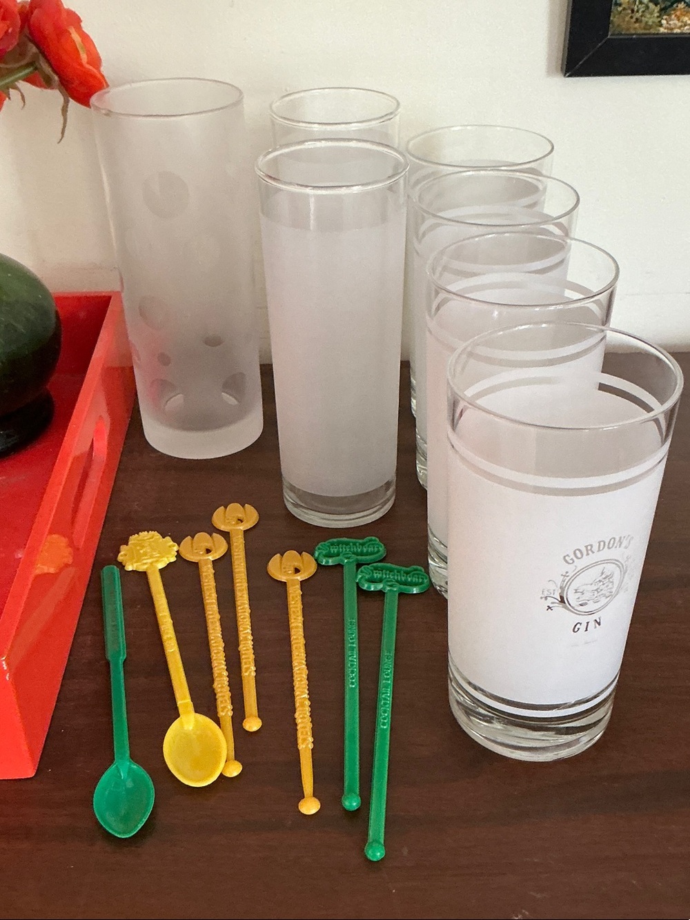 Frosted Highball Glasses - 4 Gordons Gin , 3 unbranded, various swizzle sticks
